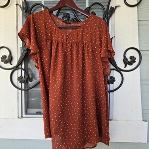Papermoon Rust Red Dash Print Flutter Sleeve Blouse Boho Cottagecore - 3XL